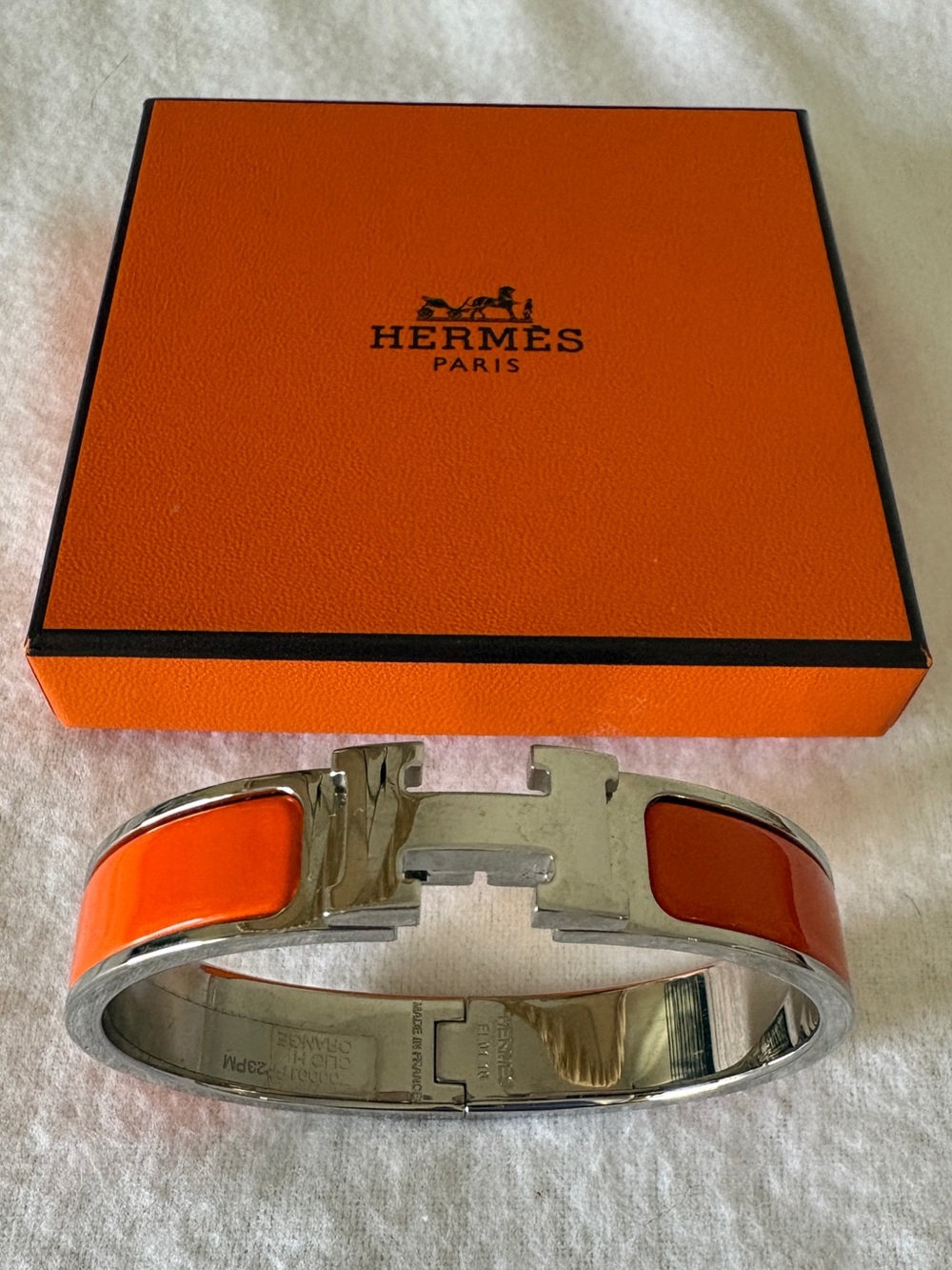 Authentic HERMÈS Clic H Narrow Bracelet Iconic Orange Palladium Silver PM w Box